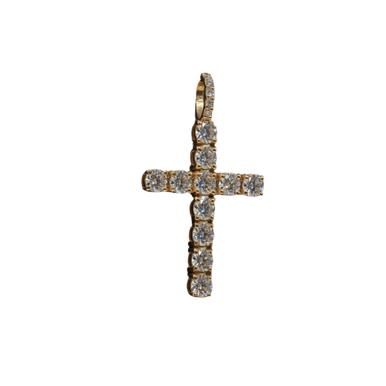 The 14k Yellow Gold Cross Pendant with Moissanite features sparkling round moissanite stones for a luxurious expression of faith jewelry, shown isolated on a white background.
