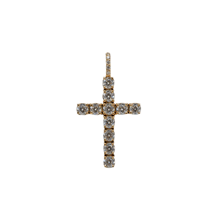 The 14k Yellow Gold Cross Pendant with Moissanite features sparkling round gems in a classic design, creating a stunning piece of faith jewelry showcased on a white background.