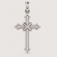 14k gold arrow-point cross pendant featuring beveled edges and an X-shaped accent at the center, suspended from a small bail against a plain, light-colored background.