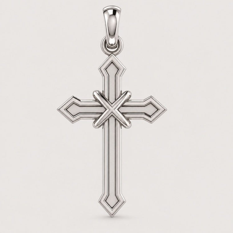 14k gold arrow-point cross pendant featuring beveled edges and an X-shaped accent at the center, suspended from a small bail against a plain, light-colored background.