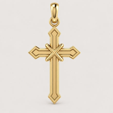 The 14k Gold Arrow-Point Cross Pendant features beveled edges and a subtle, decorative X shape at the intersection, suspended from a loop against a light background—a sophisticated piece of gold jewelry that brings timeless elegance to any collection.