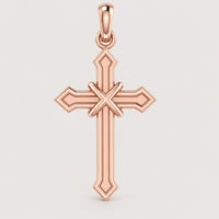 A 14k Gold Arrow-Point Cross Pendant in rose gold, featuring beveled edges and a small loop at the top for a chain, displayed on a plain light background.