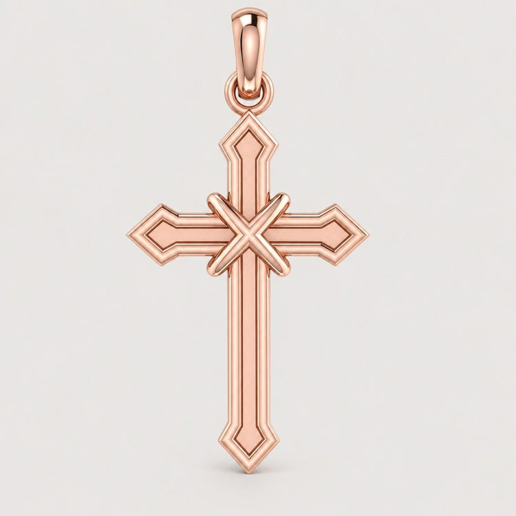 A 14k Gold Arrow-Point Cross Pendant in rose gold, featuring beveled edges and a small loop at the top for a chain, displayed on a plain light background.