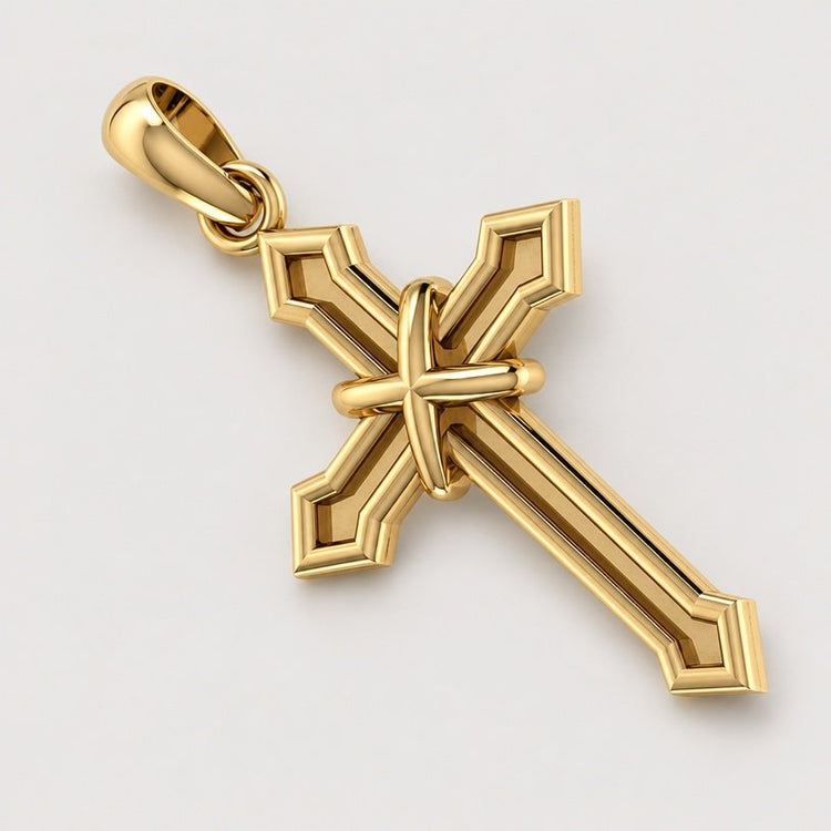 The 14k Gold Arrow-Point Cross Pendant features beveled edges and a smooth loop at the top for easy attachment to a chain, displayed against a plain warm off-white studio background—an elegant piece of gold jewelry that highlights the timeless arrow-point cross design.