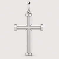 14k Gold Barrel Edge Cross Pendant with cylindrical arms and rounded ends, featuring a smooth, polished finish and a loop at the top for attaching to a necklace chain.