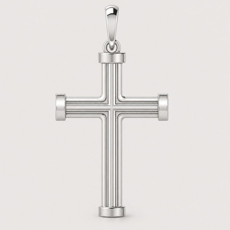 14k Gold Barrel Edge Cross Pendant with cylindrical arms and rounded ends, featuring a smooth, polished finish and a loop at the top for attaching to a necklace chain.