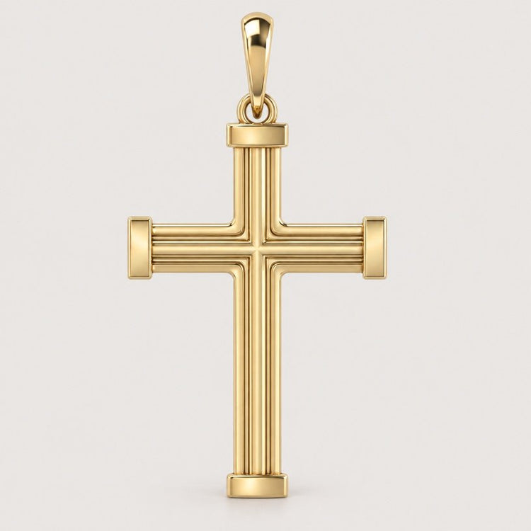 The 14k Gold Barrel Edge Cross Pendant features smooth, rounded barrel edges and a polished finish, suspended from a matching gold bail. Displayed against a plain light background, this elegant pendant embodies timeless style with its understated gold design.