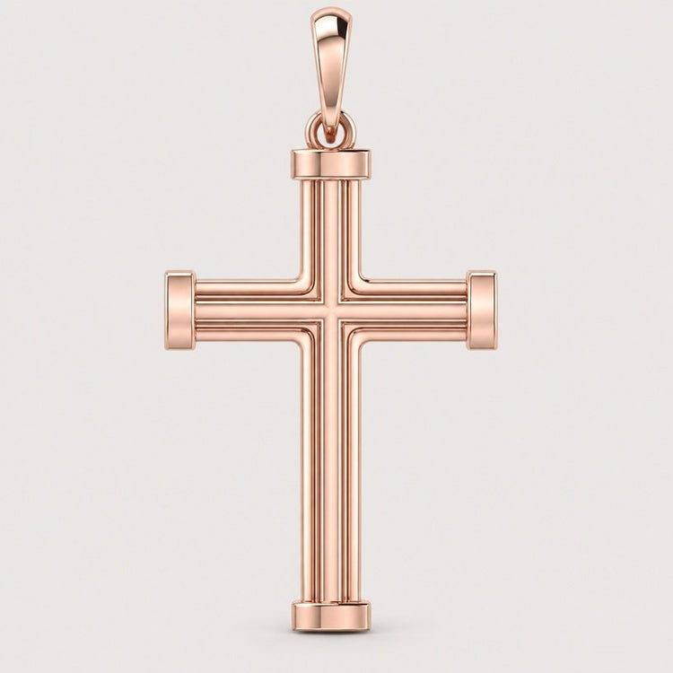 A 14k gold Barrel Edge Cross Pendant with clean lines and rounded edges, featuring a bail at the top for attaching to a necklace, displayed on a plain light background.