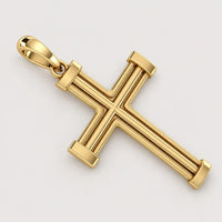 A 14K Gold Barrel Edge Cross Pendant with a polished finish and smooth bail, featuring double-bar details and rectangular ends, displayed on a plain light background.