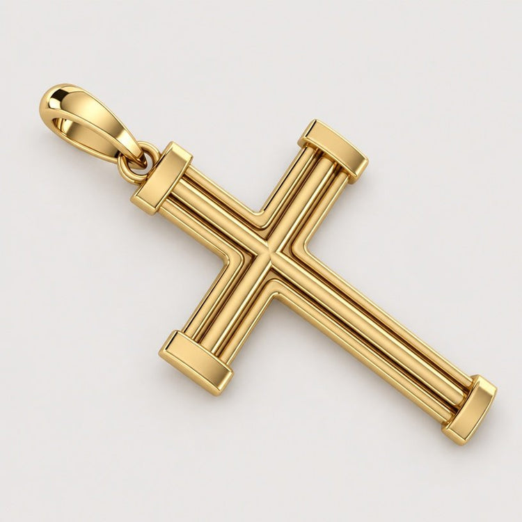 A 14K Gold Barrel Edge Cross Pendant with a polished finish and smooth bail, featuring double-bar details and rectangular ends, displayed on a plain light background.