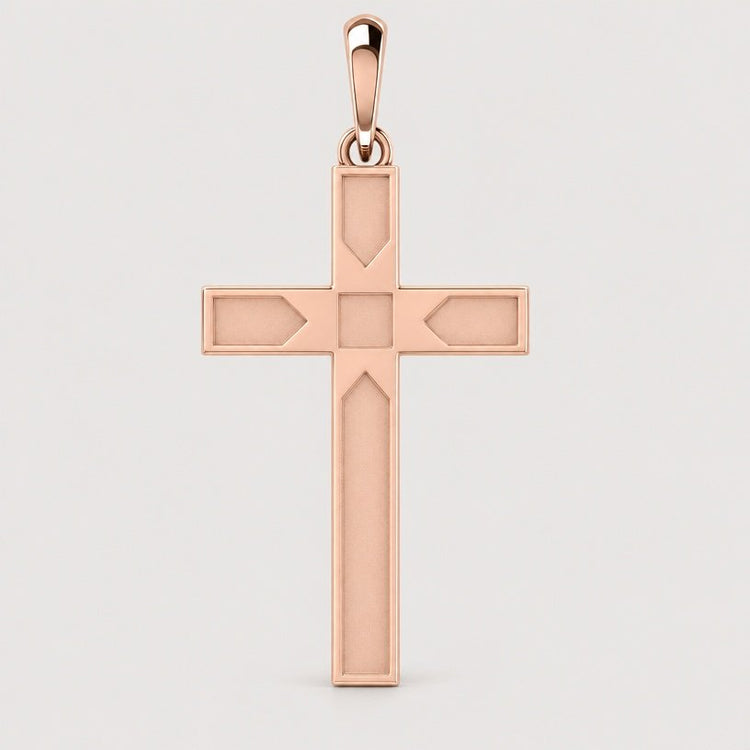 The 14k Gold Beveled Cross Pendant in rose gold features geometric detailing and a beveled design, displayed against a plain warm off-white studio background.