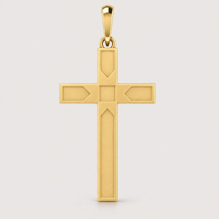 The 14k Gold Beveled Cross Pendant features smooth edges and bold geometric accents, showcased against a simple light background.
