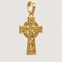 The 14k Gold Celtic Cross Pendant features detailed knotwork and a circular ring behind the cross, displayed on a warm off-white studio background with soft natural lighting—a beautiful Celtic cross necklace for any occasion.