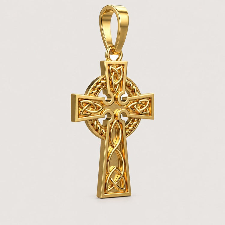 The 14k Gold Celtic Cross Pendant features detailed knotwork and a circular ring behind the cross, displayed on a warm off-white studio background with soft natural lighting—a beautiful Celtic cross necklace for any occasion.