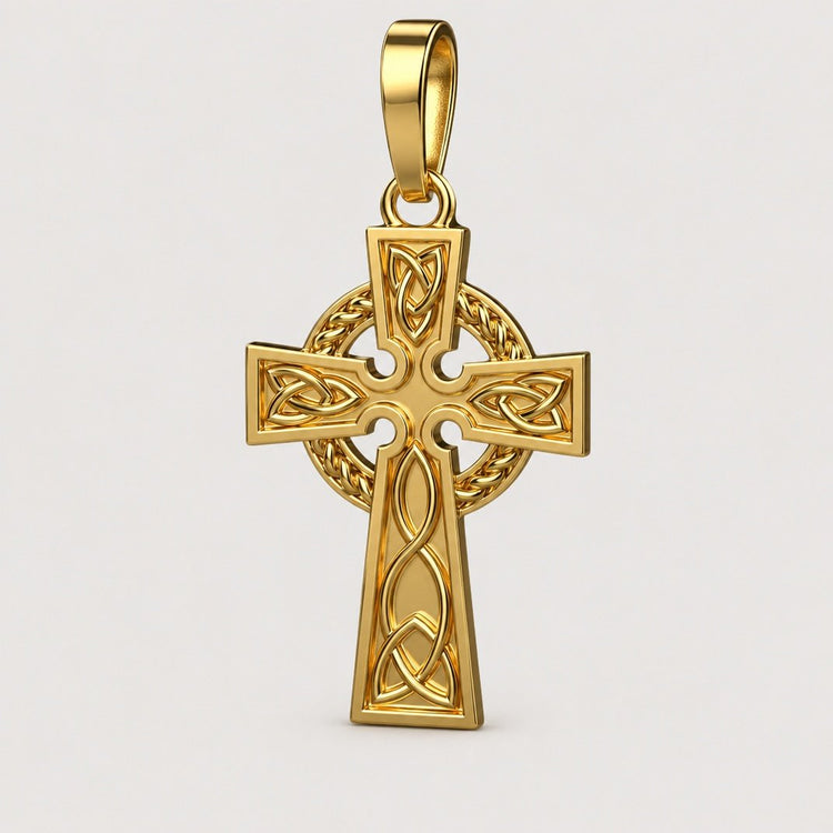 The 14k Gold Celtic Cross Pendant showcases detailed knot patterns with a circular background, elegantly displayed on a white reflective surface.