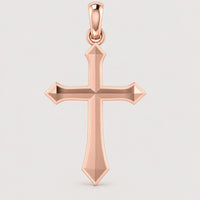 Here’s a rewritten sentence using the provided product name: The 14k Gold Classic Cross Pendant features a polished finish with beveled edges and pointed tips, suspended from a coordinating rose gold bail, displayed against a simple light background.