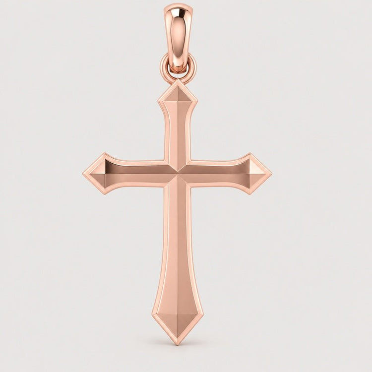 Here’s a rewritten sentence using the provided product name: The 14k Gold Classic Cross Pendant features a polished finish with beveled edges and pointed tips, suspended from a coordinating rose gold bail, displayed against a simple light background.