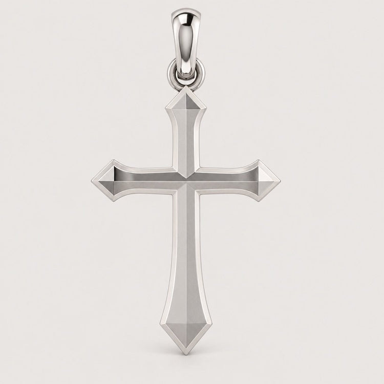 Introducing the 14k Gold Classic Cross Pendant, featuring beveled edges and pointed tips, beautifully crafted in elegant 14K gold and displayed against a simple light background.