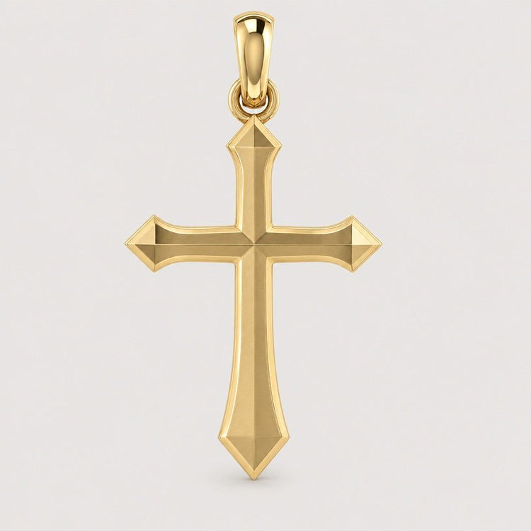 The 14k Gold Classic Cross Pendant features refined pointed ends and exquisite craftsmanship, showcased against a simple light background.