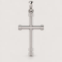 A 14k gold cylindrical cross pendant with rounded edges and decorative bands at the ends, suspended from a loop against a plain light background.