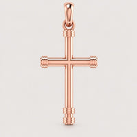 Showcased on a light background, the 14k Gold Cylindrical Cross Pendant features a rose gold finish with a sleek, polished design and eye-catching decorative accents at each end. This elegant pendant seamlessly combines sophistication with classic style.