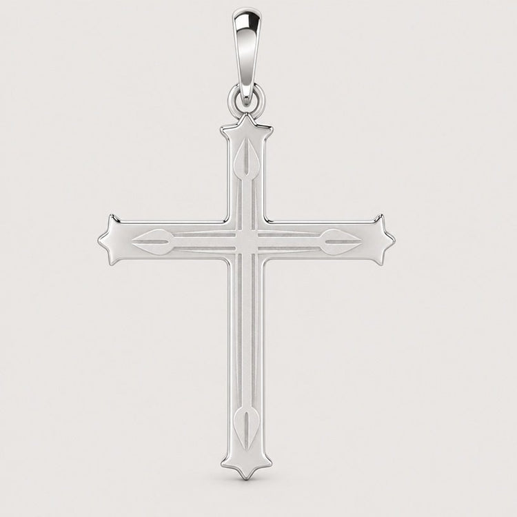 Crafted from 14k gold, the Decorative Cross Pendant features pointed ends and subtle engraved lines, its timeless elegance beautifully highlighted against a plain light background—an ideal choice for those who value refined details in their jewelry collection.