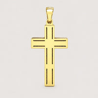 A 14K Gold Diamond Crucifix Pendant featuring engraved horizontal and vertical lines on each arm, displayed against a plain light background.
