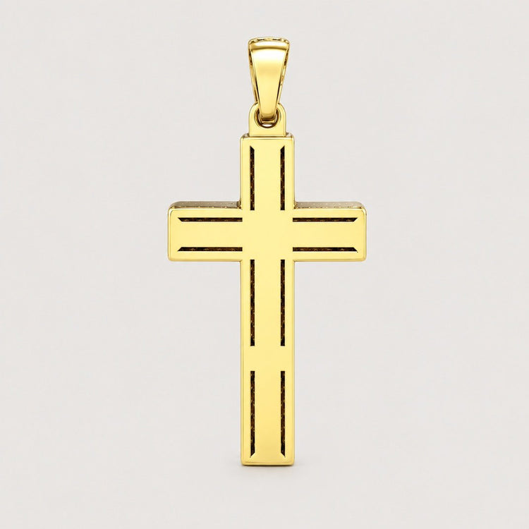 A 14K Gold Diamond Crucifix Pendant featuring engraved horizontal and vertical lines on each arm, displayed against a plain light background.