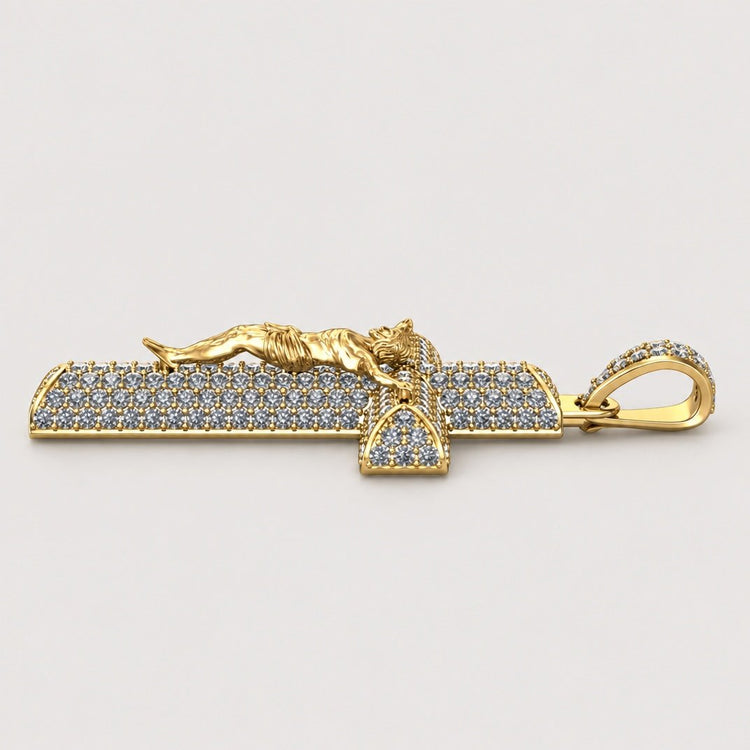 Introducing the 14K Gold Diamond Crucifix Pendant, a stunning piece featuring a figure gracefully positioned on a rectangular base. Intricately detailed and adorned with dazzling diamonds, this pendant’s decorative bail is encrusted with gemstones for secure attachment to your favorite chain. The exquisite craftsmanship and elegant design make this Gold Diamond Crucifix Pendant an exceptional addition to any jewelry collection.
