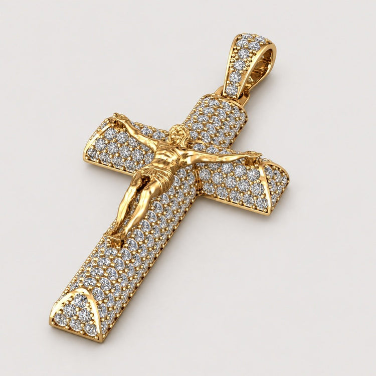A 14K Gold Diamond Crucifix Pendant featuring a detailed figure of Jesus and sparkling diamonds, showcased on a light background.