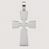 The 14k Gold Gothic Cross Pendant features beveled edges and circular cutouts near the ends of each arm, suspended from a simple bail against a plain light background.