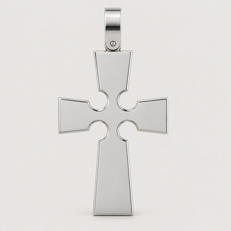 The 14k Gold Gothic Cross Pendant features beveled edges and circular cutouts near the ends of each arm, suspended from a simple bail against a plain light background.