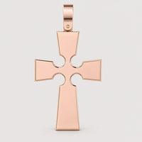The 14k Gold Gothic Cross Pendant in rose gold features flared tips and circular cutouts near the center, showcased against a light gray background.