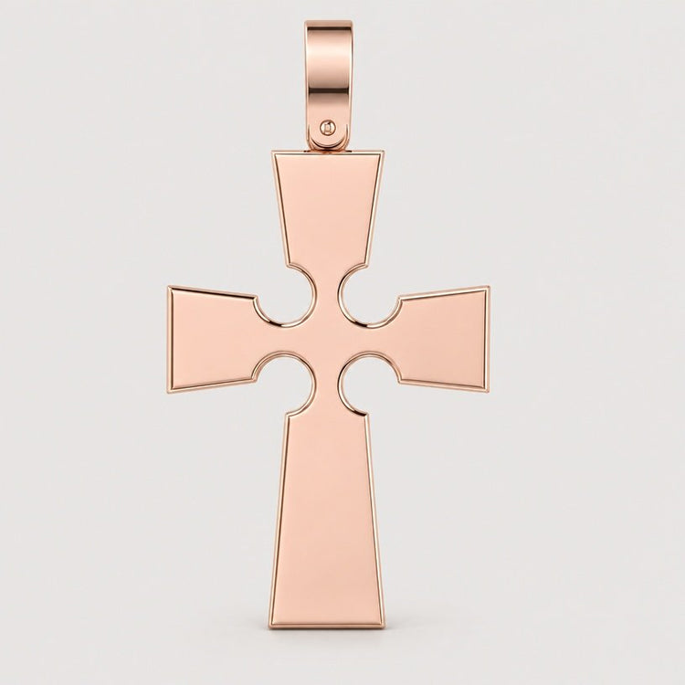 The 14k Gold Gothic Cross Pendant in rose gold features flared tips and circular cutouts near the center, showcased against a light gray background.