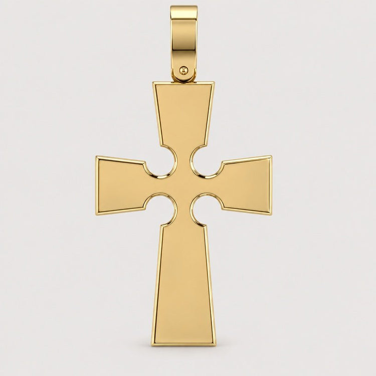 A 14k Gold Gothic Cross Pendant featuring flared ends and rounded cutouts near the center, showcased on a simple light background.