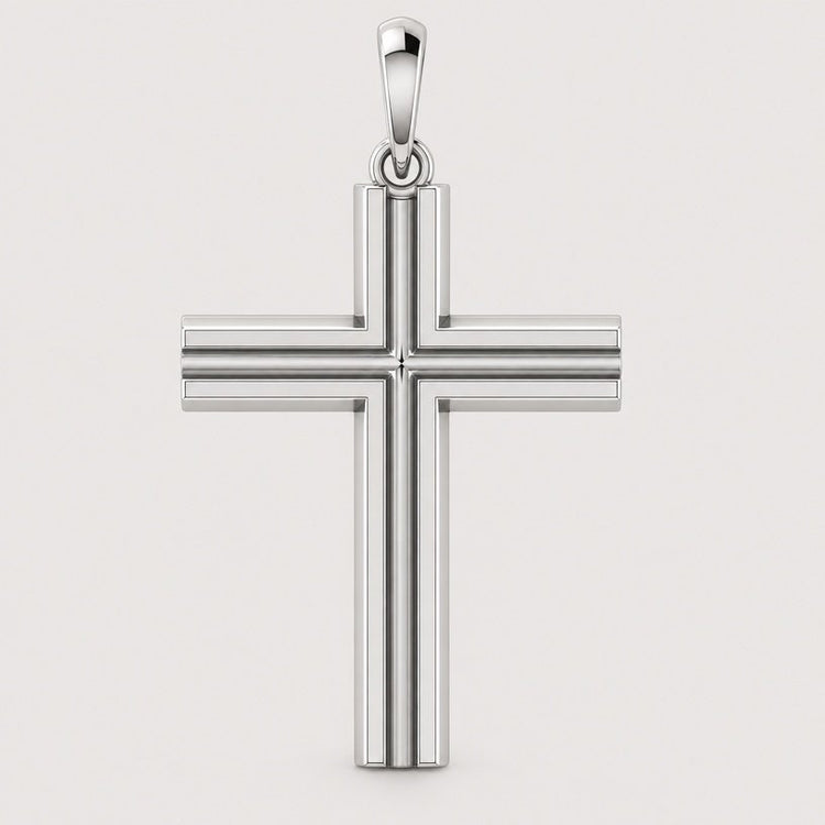 A 14k gold layered cross pendant with beveled edges and a polished finish, displayed on a plain light background—ideal for layering with your favorite gold jewelry or pairing with another cross pendant for a stylish, modern look.
