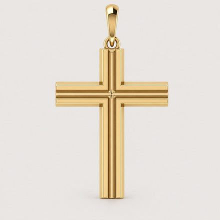 14k Gold Layered Cross Pendant: This sophisticated pendant showcases a beveled, multi-layered design in polished 14K gold, presented against a simple light backdrop.