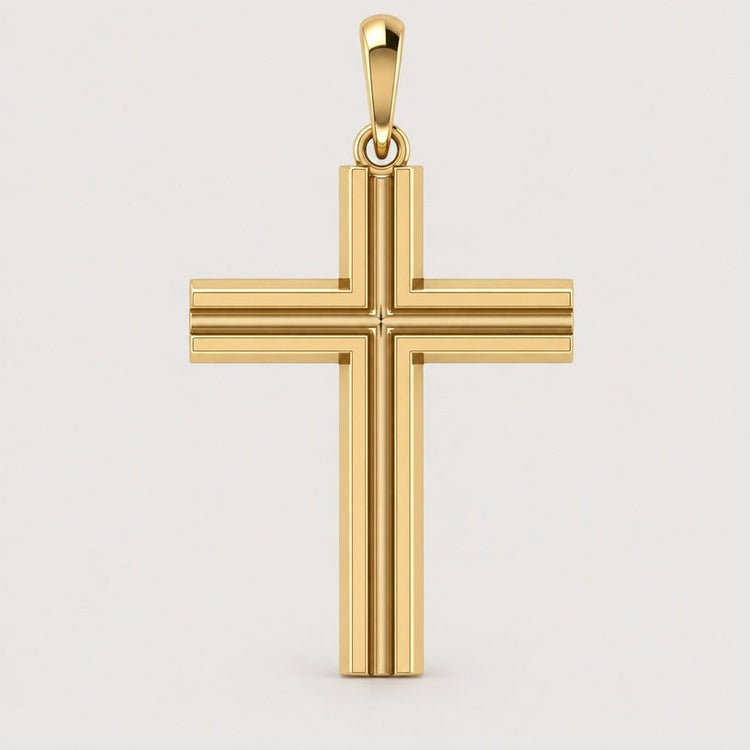 14k Gold Layered Cross Pendant: This sophisticated pendant showcases a beveled, multi-layered design in polished 14K gold, presented against a simple light backdrop.