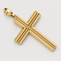 A 14k Gold Layered Cross Pendant featuring beveled edges and a polished finish, displayed against a plain light background.