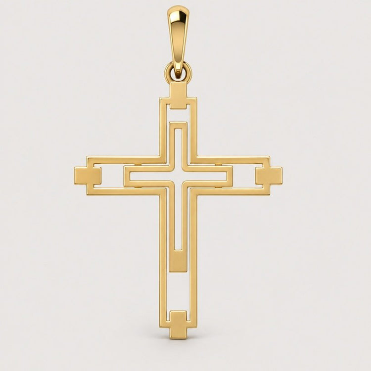 The 14k Gold Modern Geometric Cross Pendant showcases a contemporary geometric design with both inner and outer outlines, set against a plain light background.