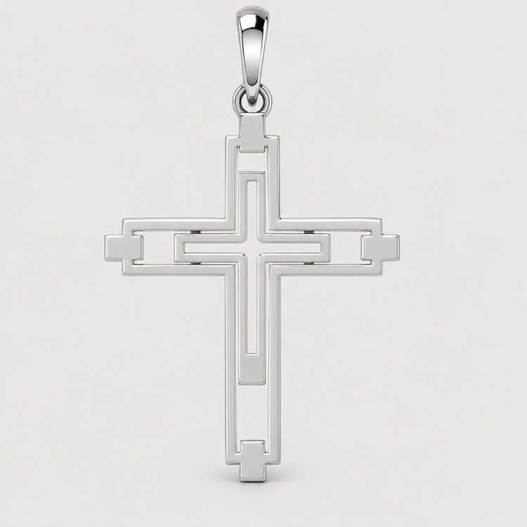A modern geometric cross, the 14k Gold Modern Geometric Cross Pendant features a striking double-outline design and is showcased against a plain light background. With its contemporary lines, this pendant captures both elegance and simplicity, making it an ideal choice for those who appreciate refined style.