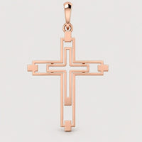 The 14k Gold Modern Geometric Cross Pendant is crafted in rose gold, showcasing a contemporary geometric design with an open center and symmetrical cutouts, displayed against a plain light gray background.