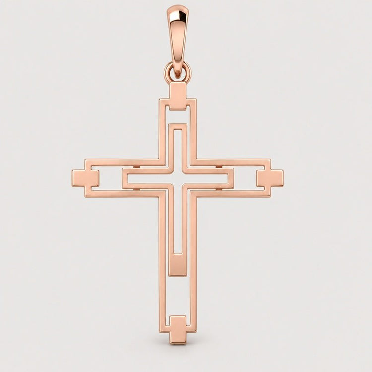 The 14k Gold Modern Geometric Cross Pendant is crafted in rose gold, showcasing a contemporary geometric design with an open center and symmetrical cutouts, displayed against a plain light gray background.