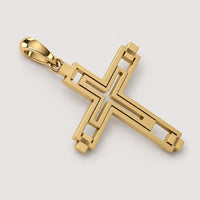 The 14k Gold Modern Geometric Cross Pendant showcases a contemporary double-layered design with a smooth finish and a polished bail for easy attachment to a necklace, displayed against a simple light background.