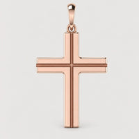 The 14k Gold Sleek Cross Pendant features clean lines and a polished rose gold finish, elegantly displayed against a plain light gray background—ideal for those who love minimalist gold jewelry.