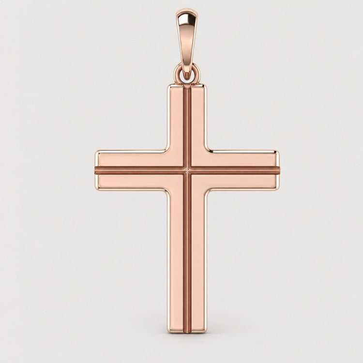 The 14k Gold Sleek Cross Pendant features clean lines and a polished rose gold finish, elegantly displayed against a plain light gray background—ideal for those who love minimalist gold jewelry.