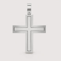 A sleek 14k gold rectangular cross pendant featuring a minimalist design is displayed against a plain light background.