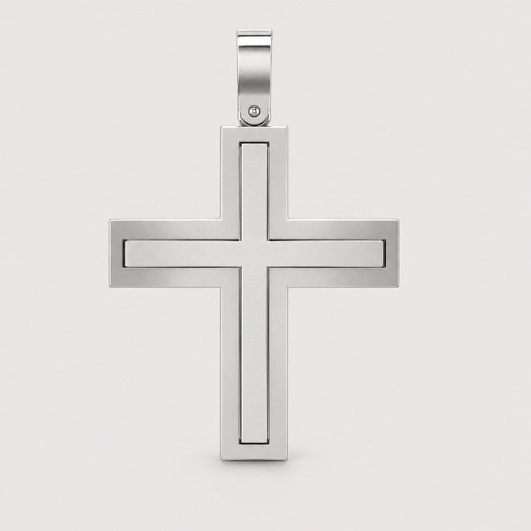 A sleek 14k gold rectangular cross pendant featuring a minimalist design is displayed against a plain light background.