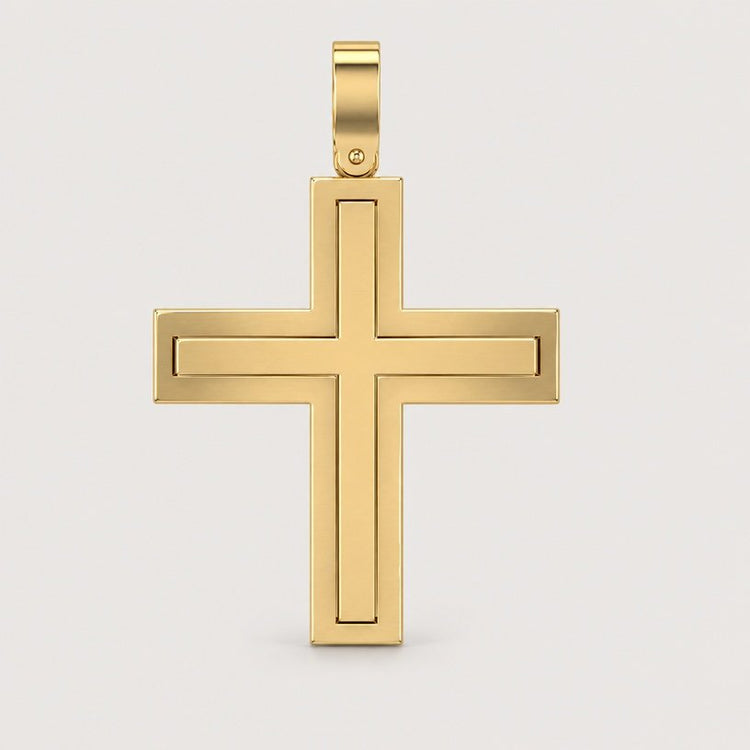 The 14k Gold Sleek Rectangular Cross Pendant features a minimalist design with smooth edges, crafted in 14K gold and displayed against a plain light background.