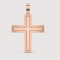 Introducing the 14k Gold Sleek Rectangular Cross Pendant, a rose gold cross featuring a smooth, modern design with beveled edges—perfectly capturing minimalist elegance against a simple light backdrop.
